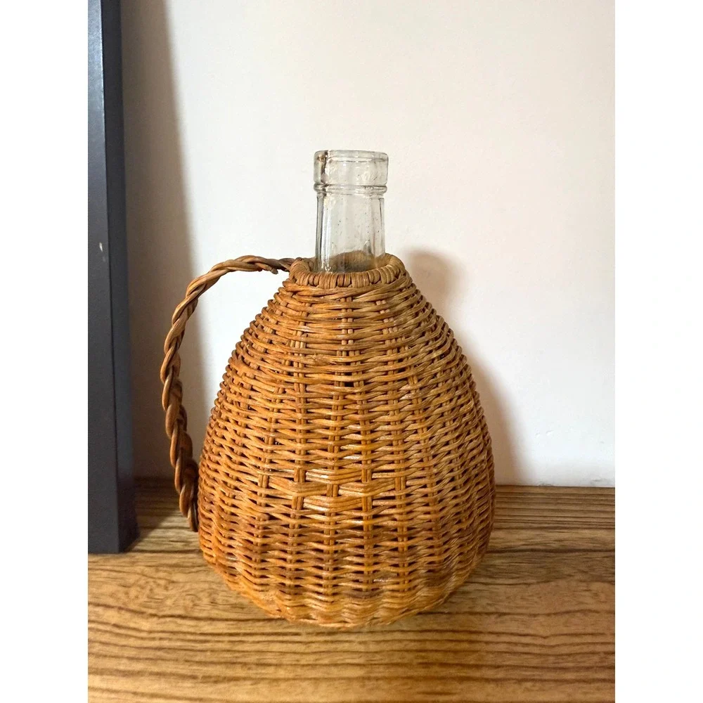 Vintage Wicker Wrapped Glass Demijohn Bottle Jug Vase Decanter Rustic Boho Decor